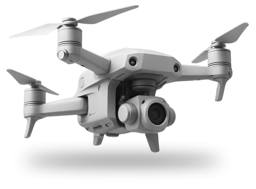 Compact white quadcopter drone with camera mounted on a gimbal underneath.