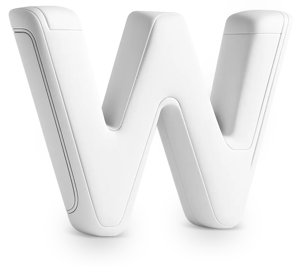 3D white letter W with smooth rounded edges and subtle shading.