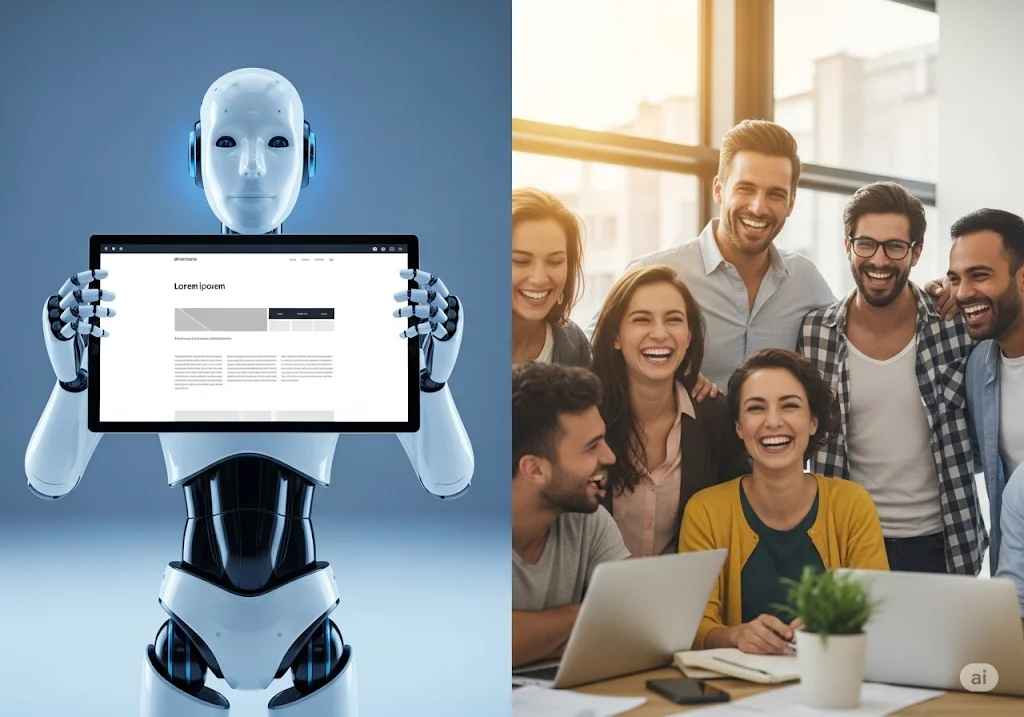 Robot holding a digital tablet displaying a webpage mockup on the left, and seven smiling young adults collaborating around laptops in a bright office on the right.
