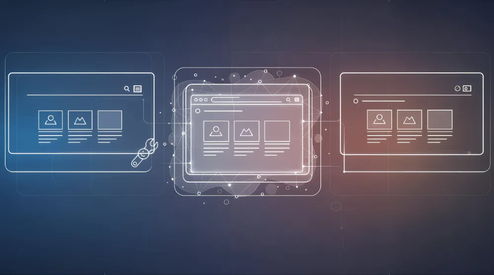 Three translucent web browser windows with minimalistic user interface wireframes connected by abstract network lines on a dark gradient background.