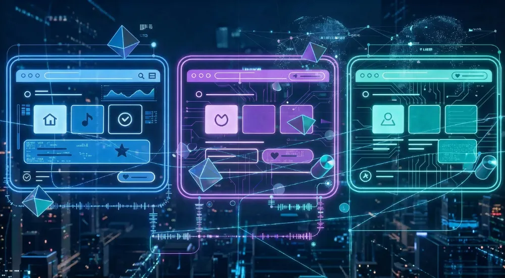 Three interconnected digital interface windows with futuristic icons and holographic shapes over a cityscape background.