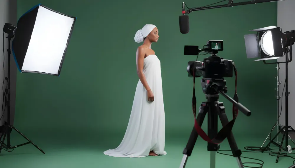 Black woman standing in a photography studio with green screen background, wearing a white draped cloth and headwrap, surrounded by professional lighting and camera equipment.