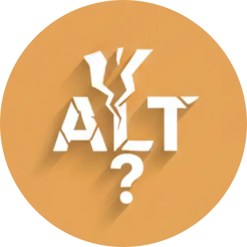 White broken text 'ALT?' with crack design on an orange circular background.