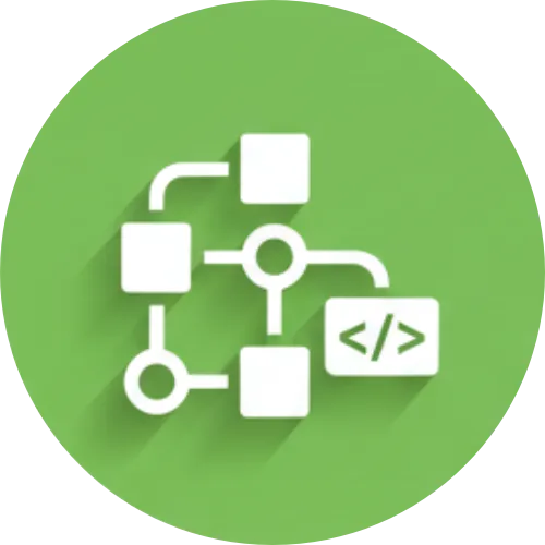 White flowchart diagram with code brackets on a green circular background.
