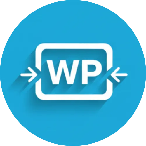 White WP letters inside a rounded square with arrows pointing inward on a blue circular background.