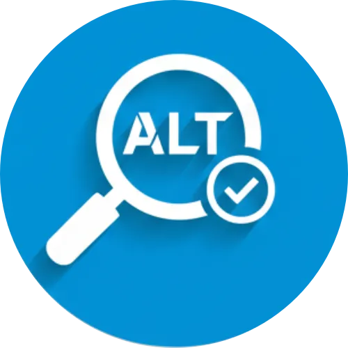 White magnifying glass with the word 'ALT' inside and a check mark on a smaller circle, set against a blue circular background.