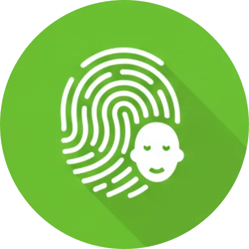 White fingerprint with a smiling face icon overlaid on a green circular background.