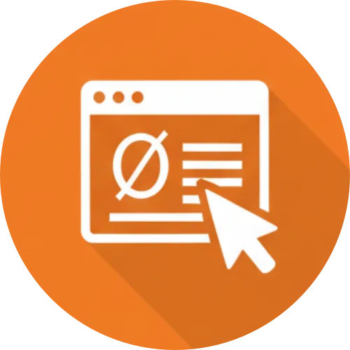 White web browser window with zero symbol and lines alongside a large arrow cursor on orange circular background.