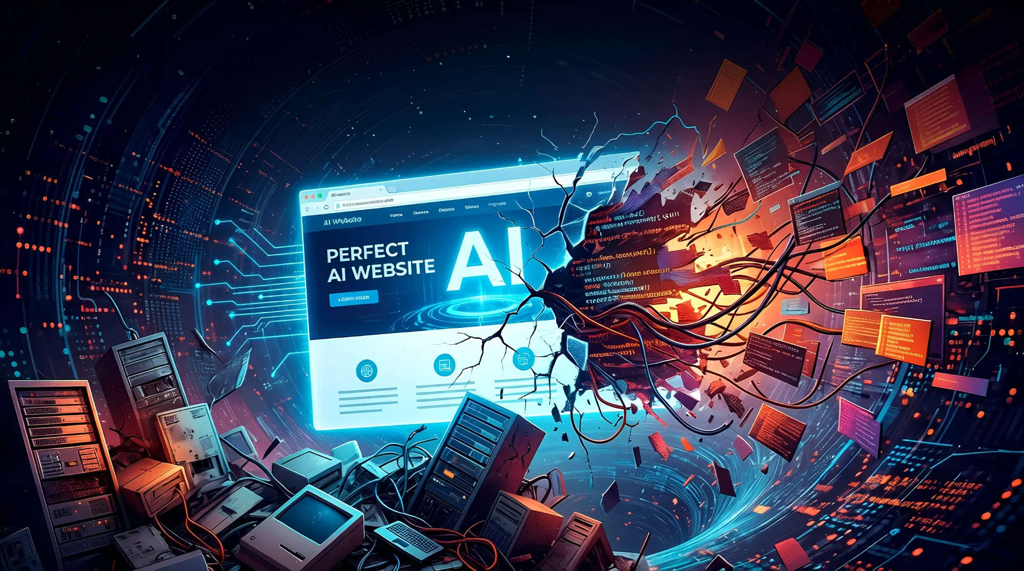 A shattered computer screen with wires and code escaping in a tunnel of old computers.