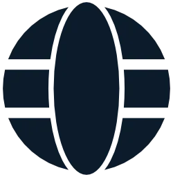 Stylized globe with vertical central oval and horizontal stripes inside a circular border.