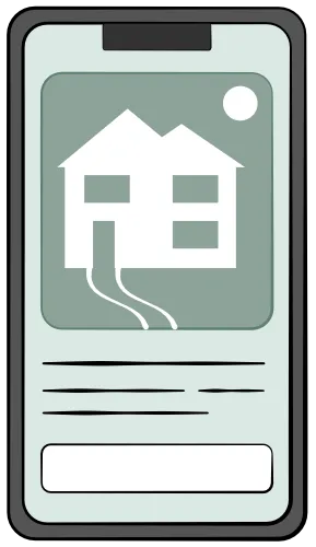Smartphone screen showing a house icon with a pathway, text lines and a blank button below.