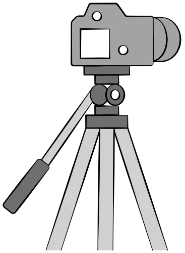 Illustration of a gray camera mounted on a tripod with adjustable legs and a handle.