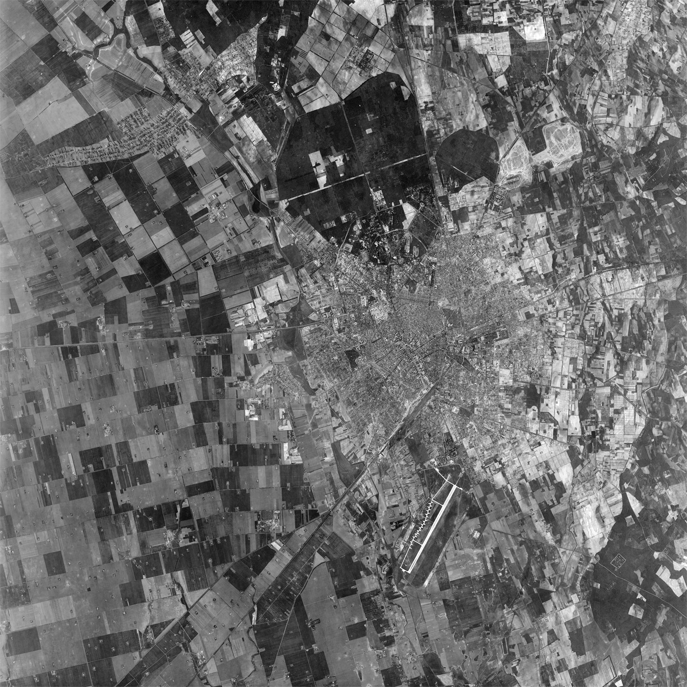 A high resolution declassified KH-7 GAMBIT spy satellite image of Debrecen, Hungary from May 20, 1964.