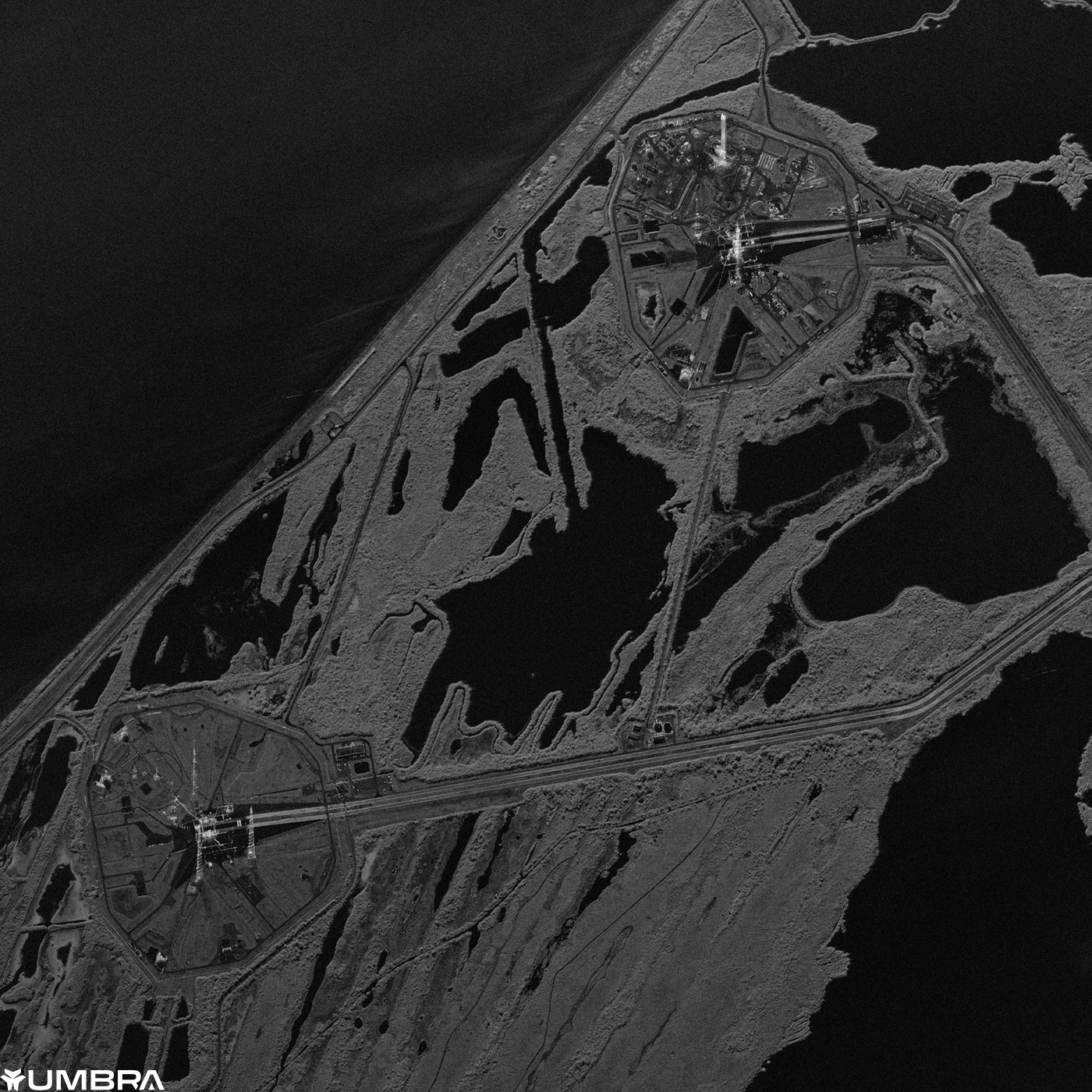 A high resolution Umbra synthetic aperture radar satellite image of Launch Complex 39 and Kennedy Space Center.