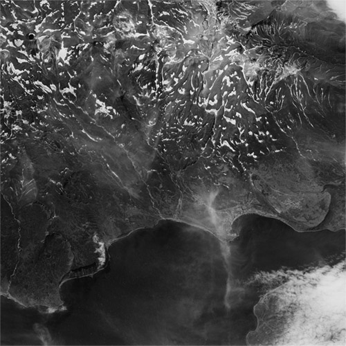 A high resolution declassified KH-7 GAMBIT spy satellite image of Severo-Kurilsk, Russia from August 16, 1964.