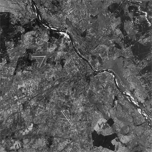 A high resolution declassified KH-7 GAMBIT spy satellite image of Warsaw, Poland from September 24, 1964.