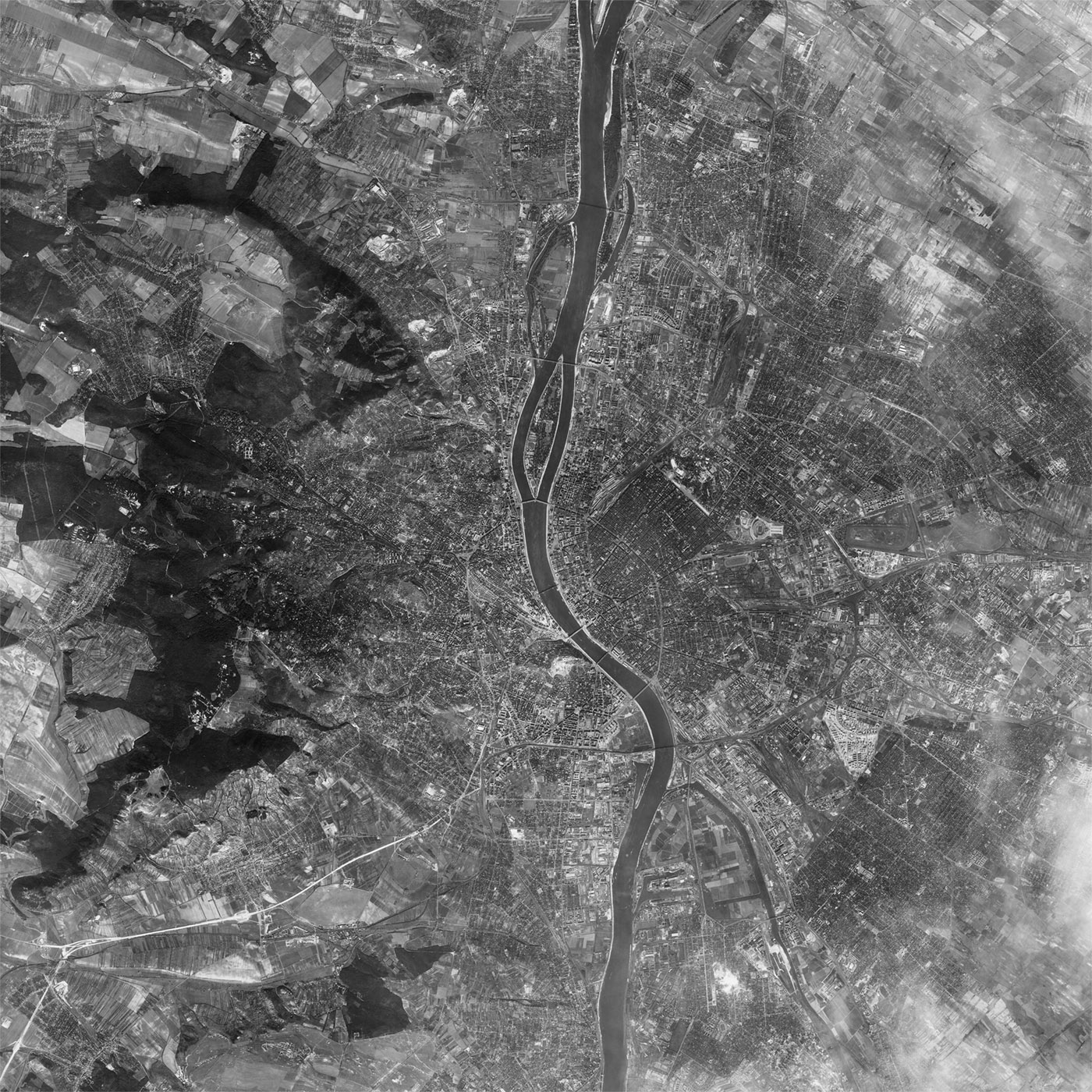 A high resolution declassified KH-7 GAMBIT spy satellite image of Budapest, Hungary from September 24, 1964.