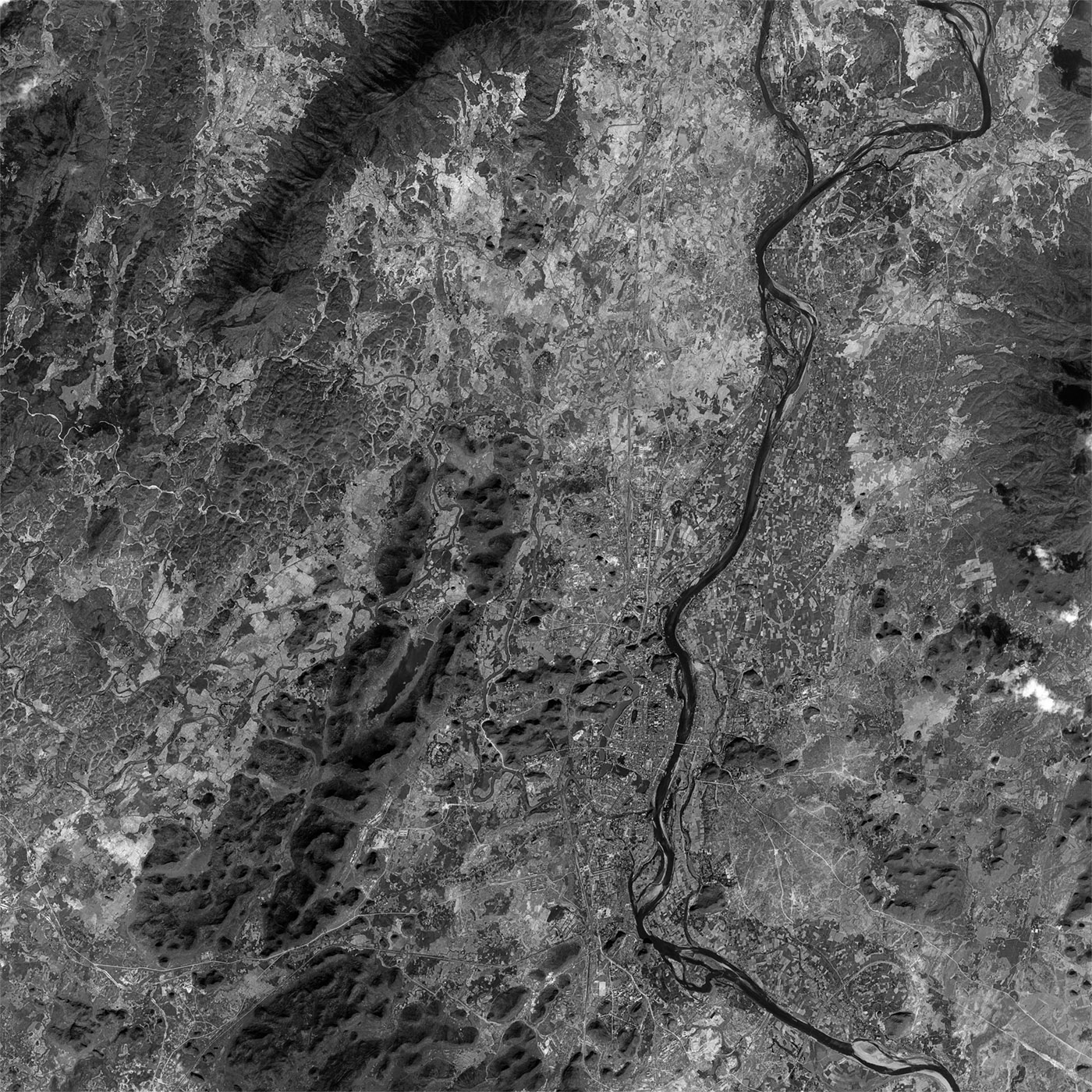A high resolution declassified KH-7 GAMBIT spy satellite image of Guilin, China from September 25, 1964.