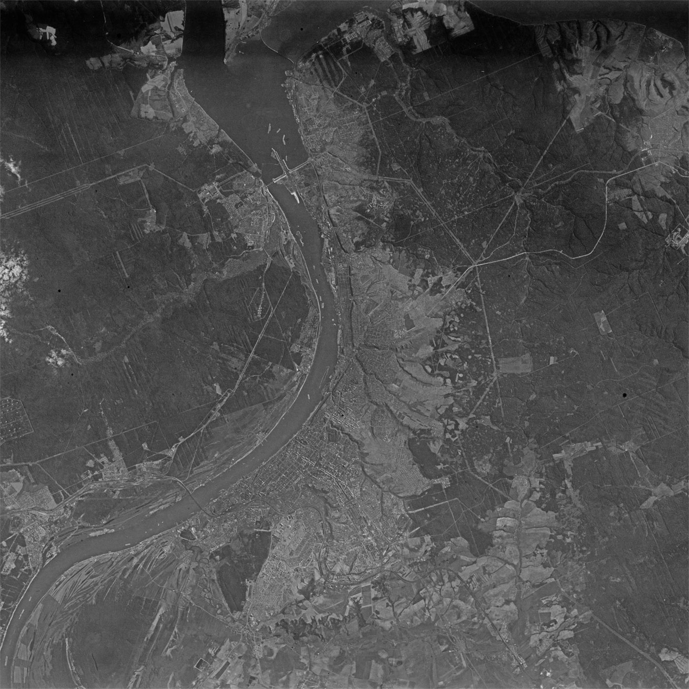 A high resolution declassified KH-4 CORONA spy satellite image of Perm, Russia from May 30, 1962.