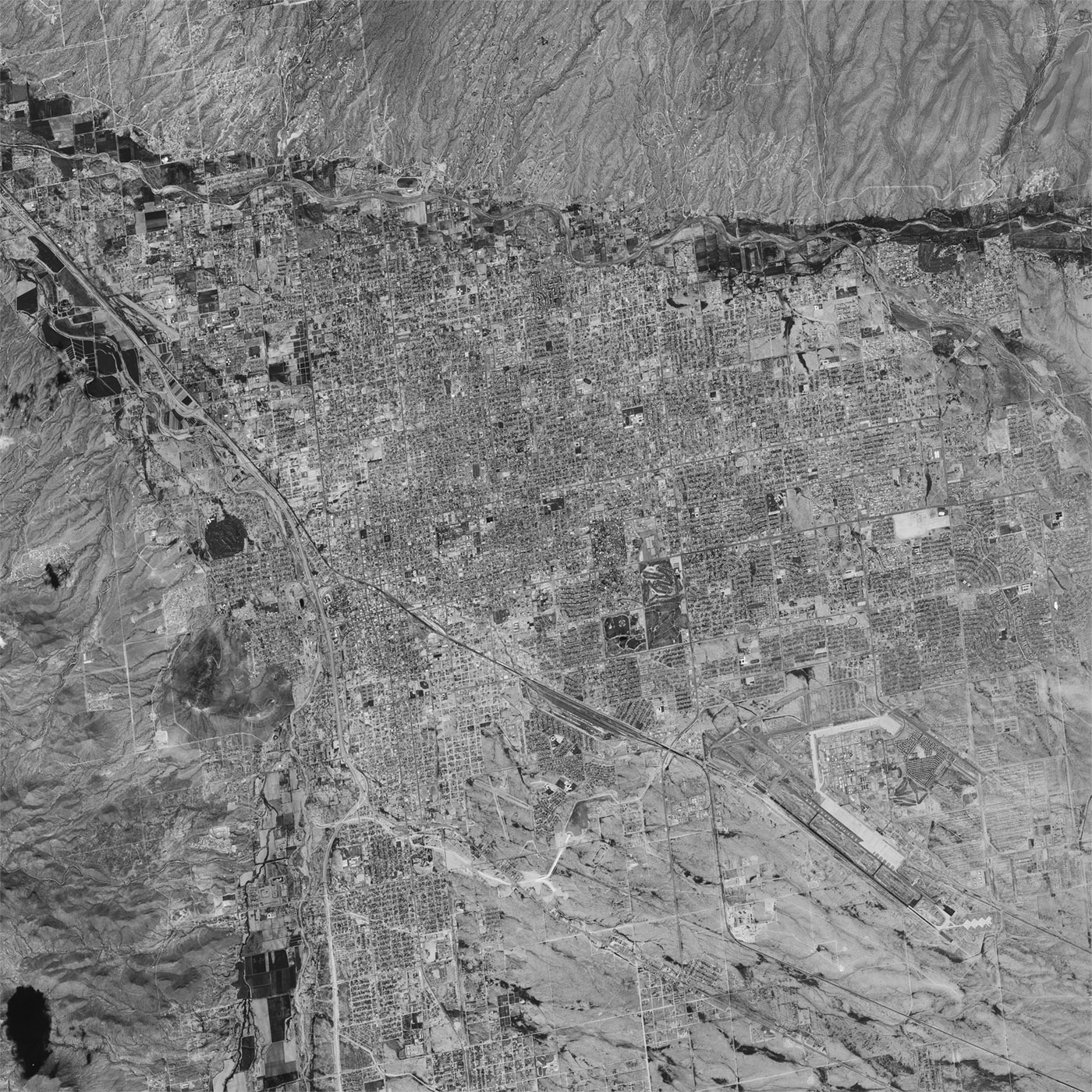 A high resolution declassified KH-7 GAMBIT spy satellite image of Tucson, Arizona from September 25, 1964.