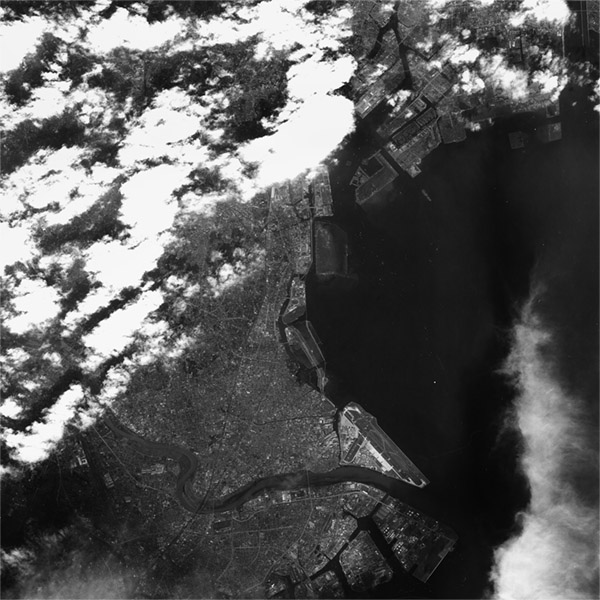 A high resolution declassified KH-7 GAMBIT spy satellite image of Tokyo, Japan from September 26, 1964.