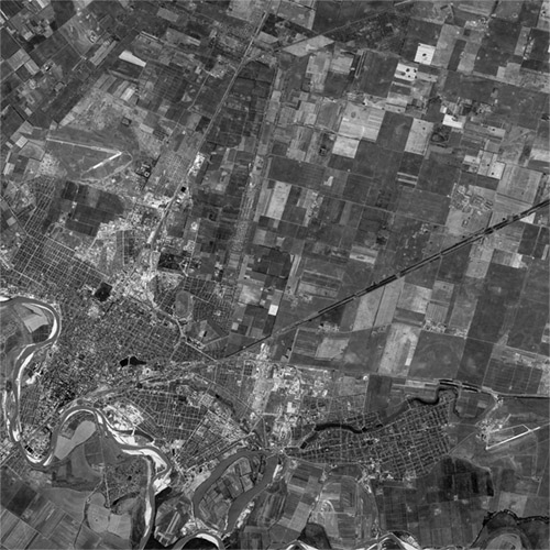 A high resolution declassified KH-4A CORONA spy satellite image of Krasnodar, Russia from September 29, 1965.