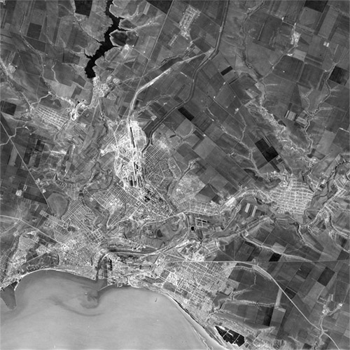 A high resolution declassified KH-4 CORONA spy satellite image of Tyumen, Russia from April 18, 1962.