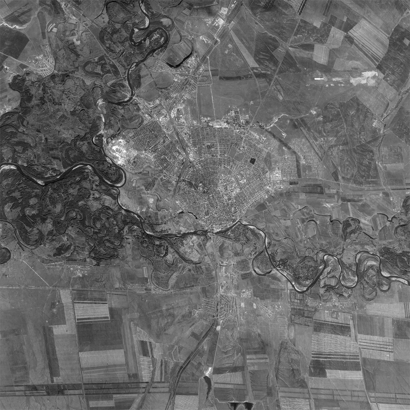 A high resolution declassified KH-7 GAMBIT spy satellite image of Orenburg, Russia from September 26, 1964.