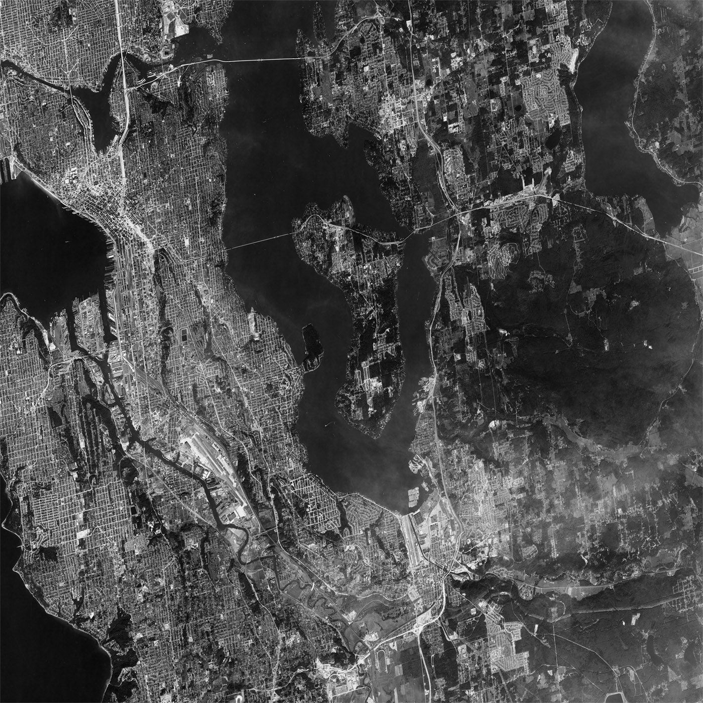 A high resolution declassified KH-7 GAMBIT spy satellite image of Seattle, Washington from September 26, 1964.