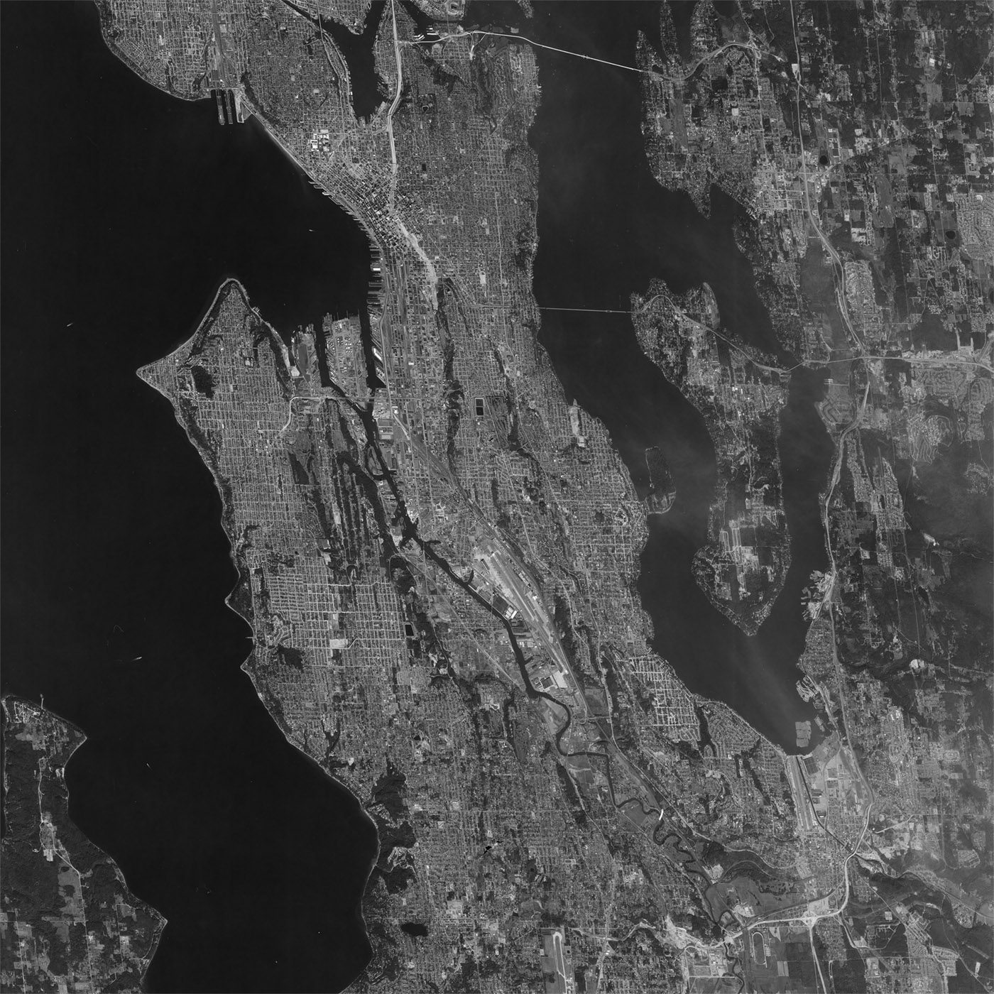 A high resolution declassified KH-7 GAMBIT spy satellite image of Seattle, Washington from September 26, 1964.