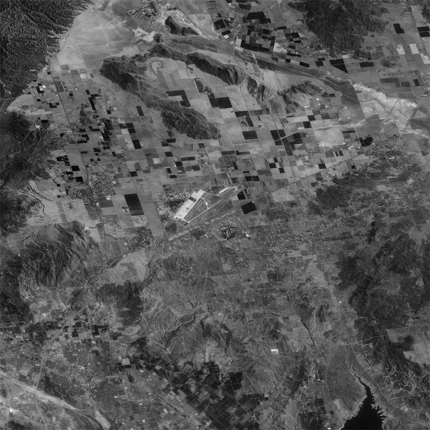 A high resolution declassified KH-7 GAMBIT spy satellite image of Moreno Valley, California from September 27, 1964.