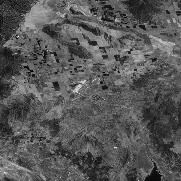 A high resolution declassified KH-7 GAMBIT spy satellite image of Moreno Valley, California from September 27, 1964.