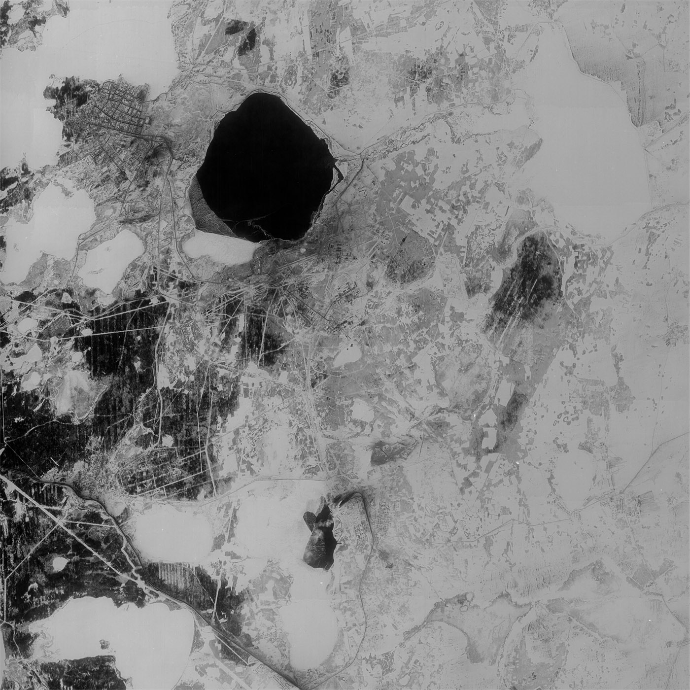 A high resolution declassified KH-7 GAMBIT spy satellite image of Ozersk, Russia from March 13, 1964.