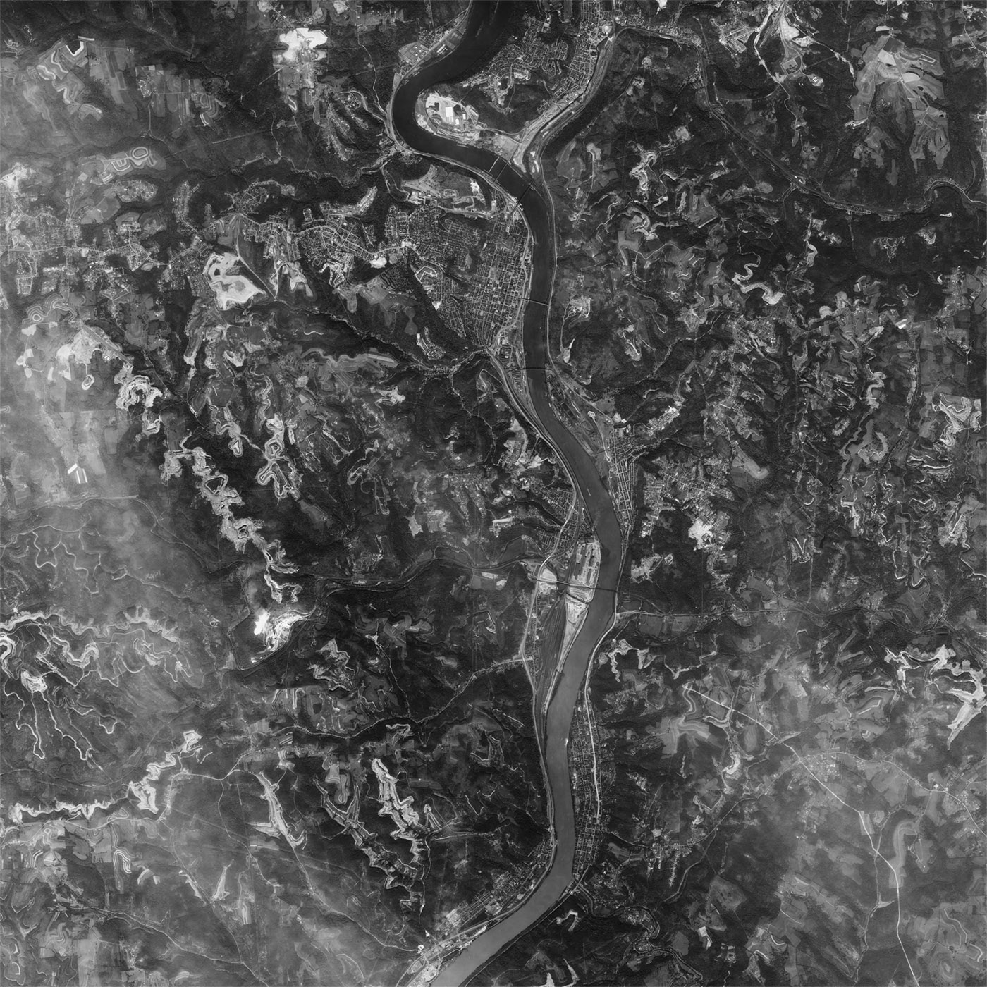 A high resolution declassified KH-7 GAMBIT spy satellite image of Wheeling, West Virginia from September 26, 1964.
