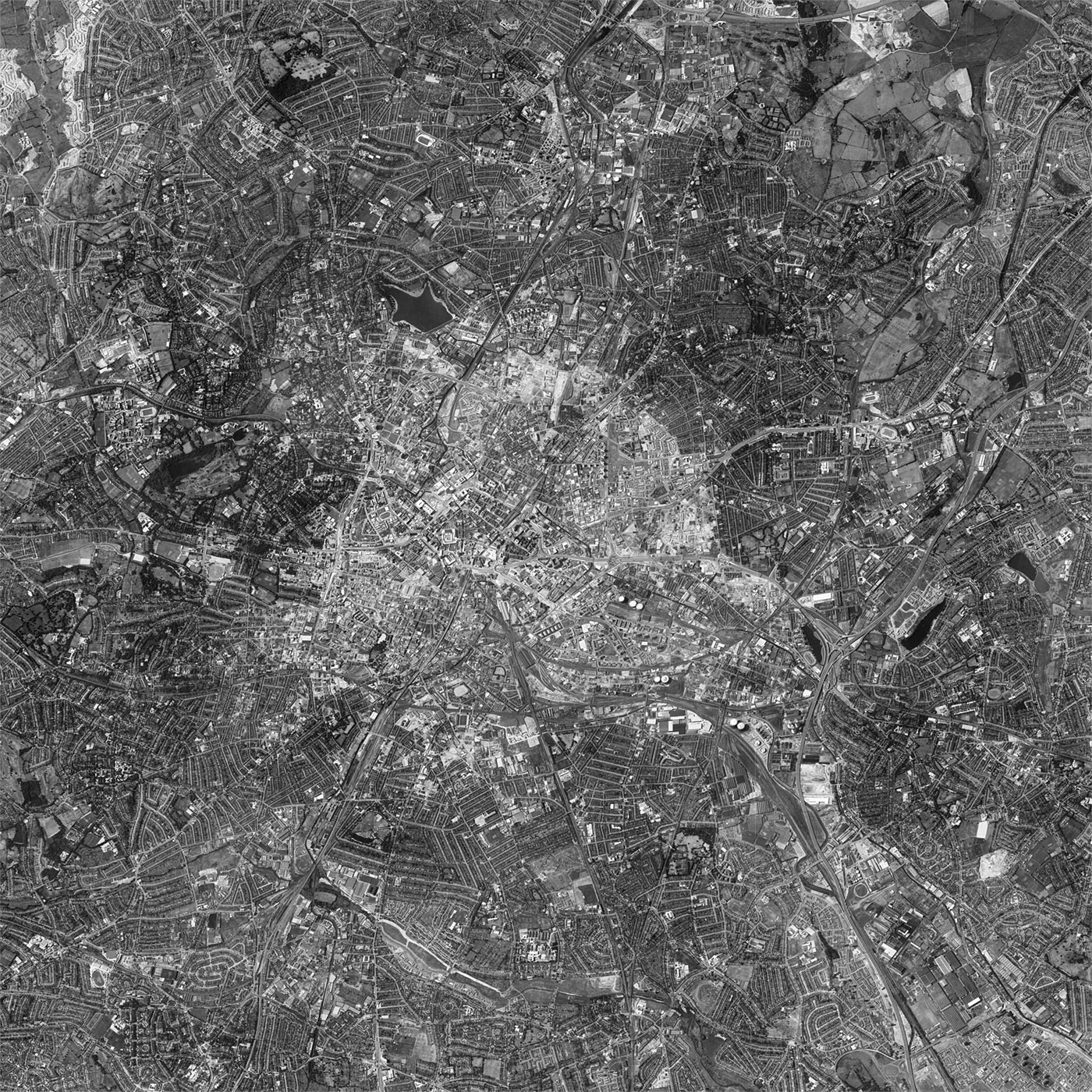 A high resolution declassified KH-9 HEXAGON spy satellite image of Birmingham, England from August 15, 1973.