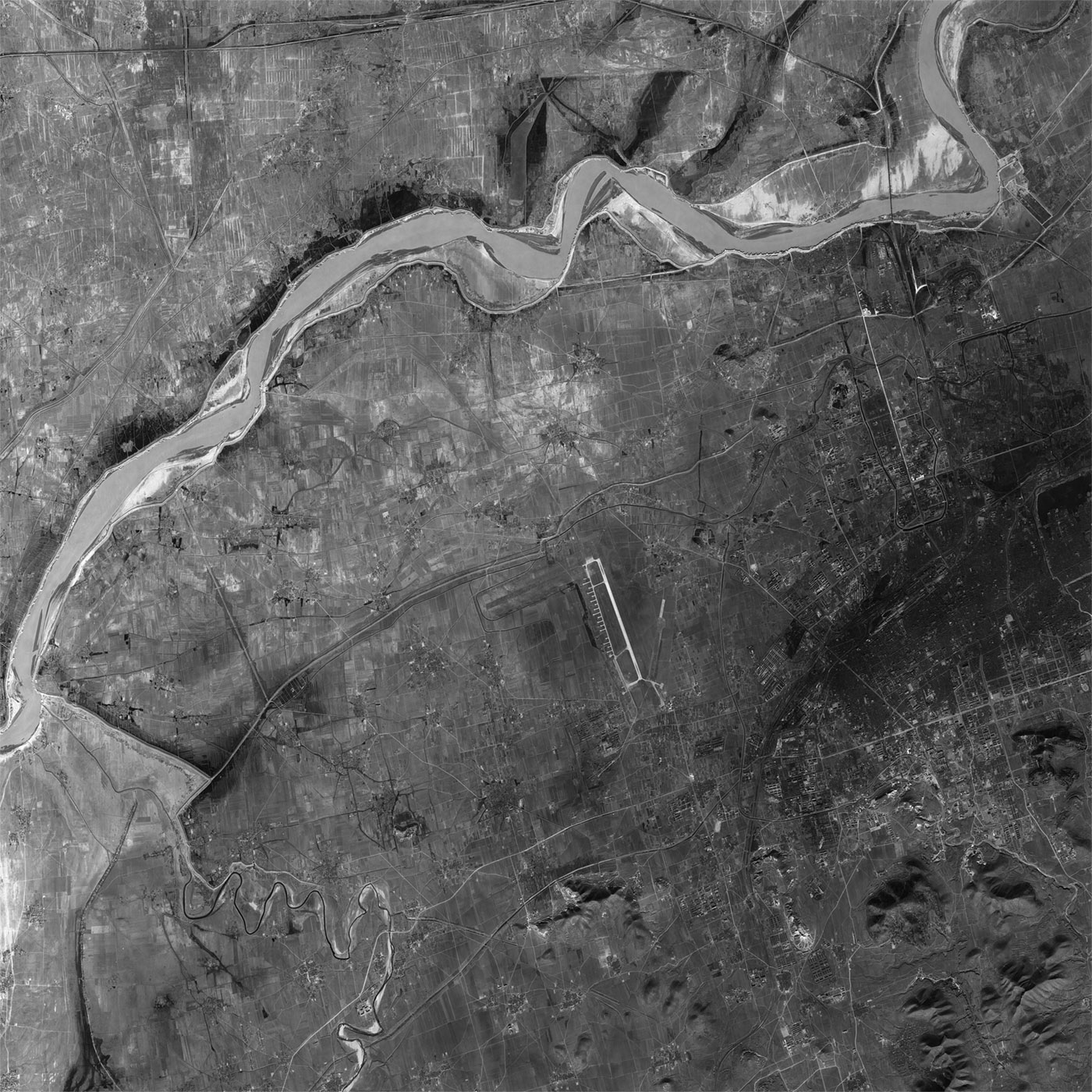 A high resolution declassified KH-7 GAMBIT spy satellite image of Jinan, China from January 26, 1965.