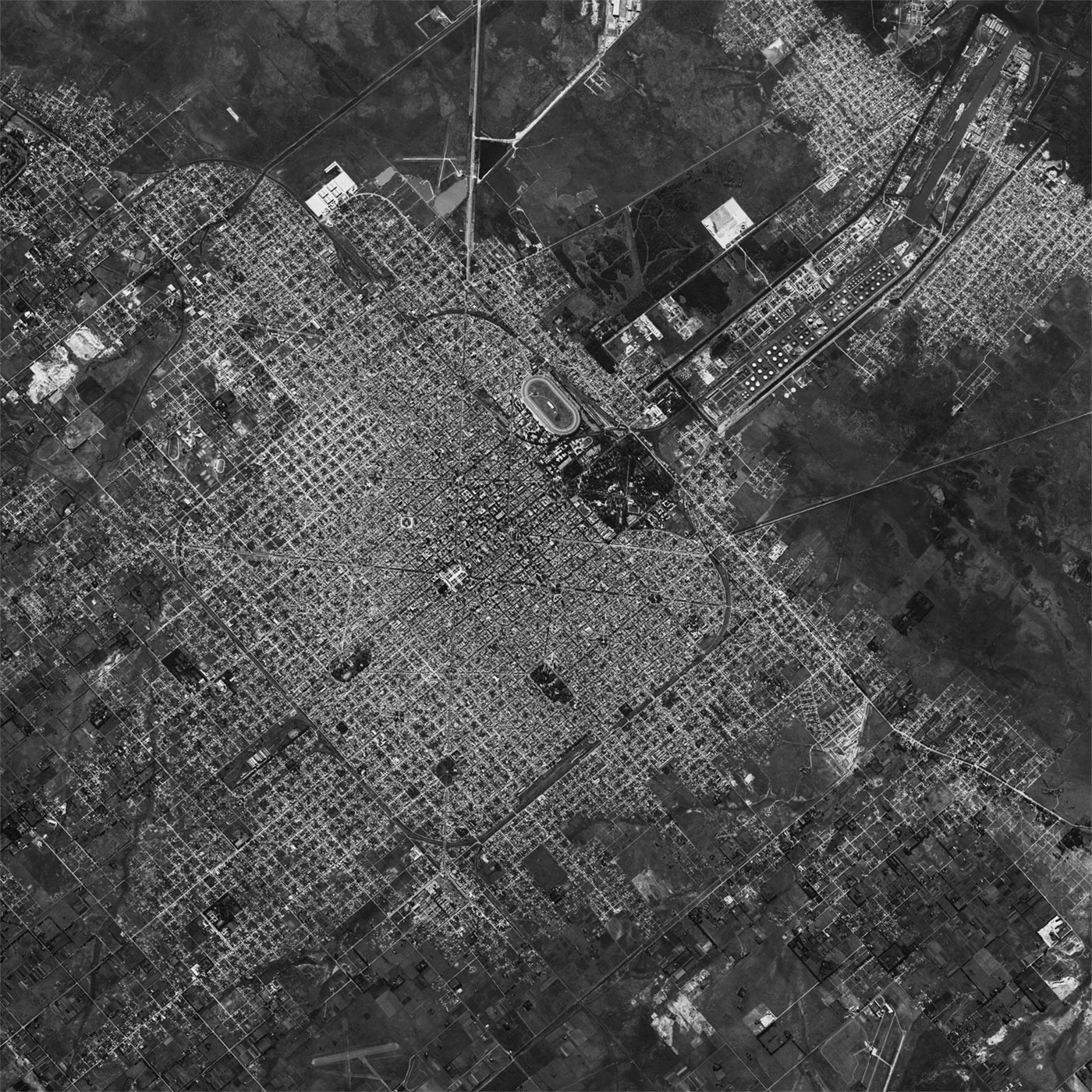 A high resolution declassified KH-4B CORONA spy satellite image of La Plata, Argentina from April 29, 1972.