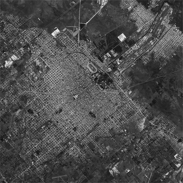 A high resolution declassified KH-4B CORONA spy satellite image of La Plata, Argentina from April 29, 1972.