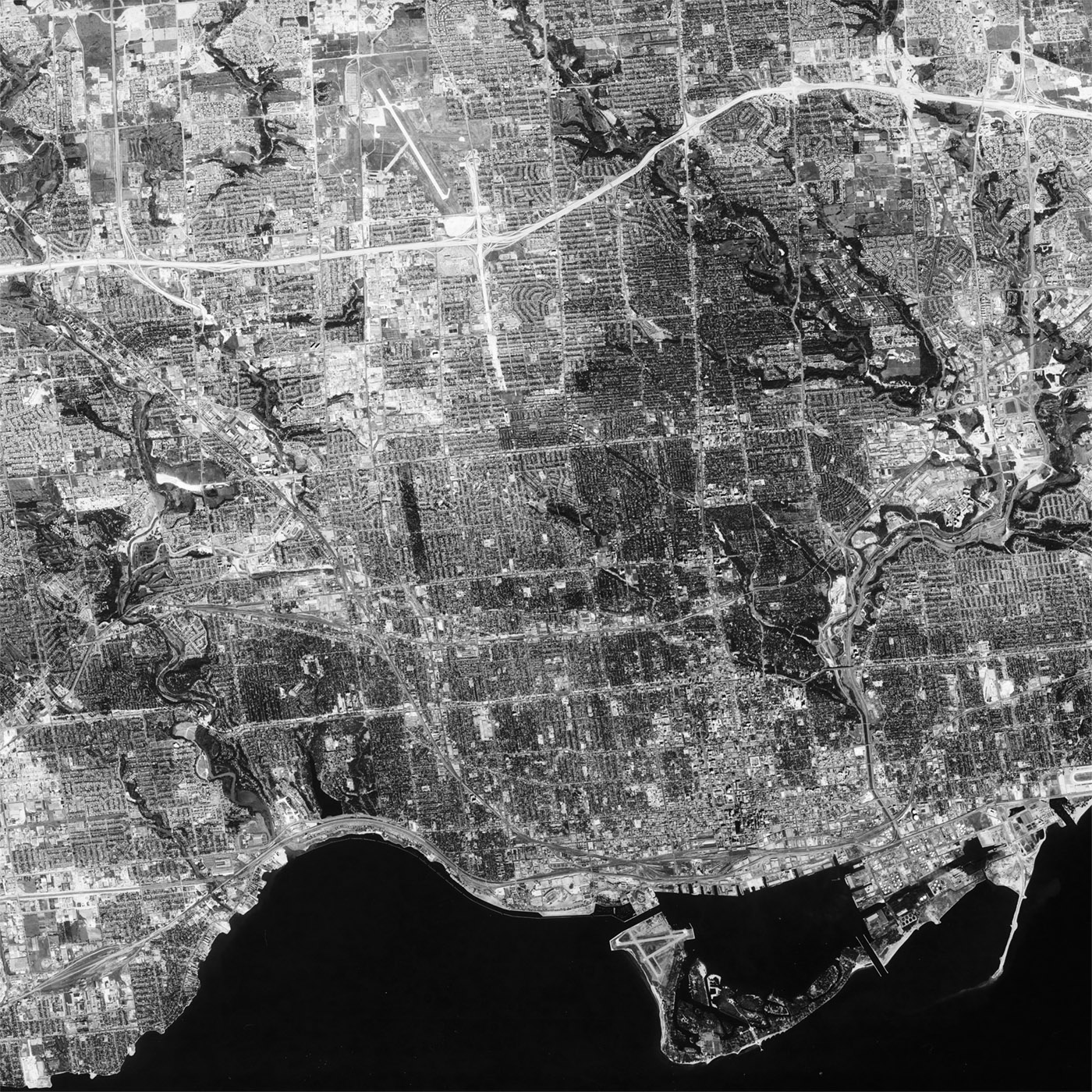 A high resolution declassified KH-4B CORONA spy satellite image of Toronto, Canada from September 16, 1967.