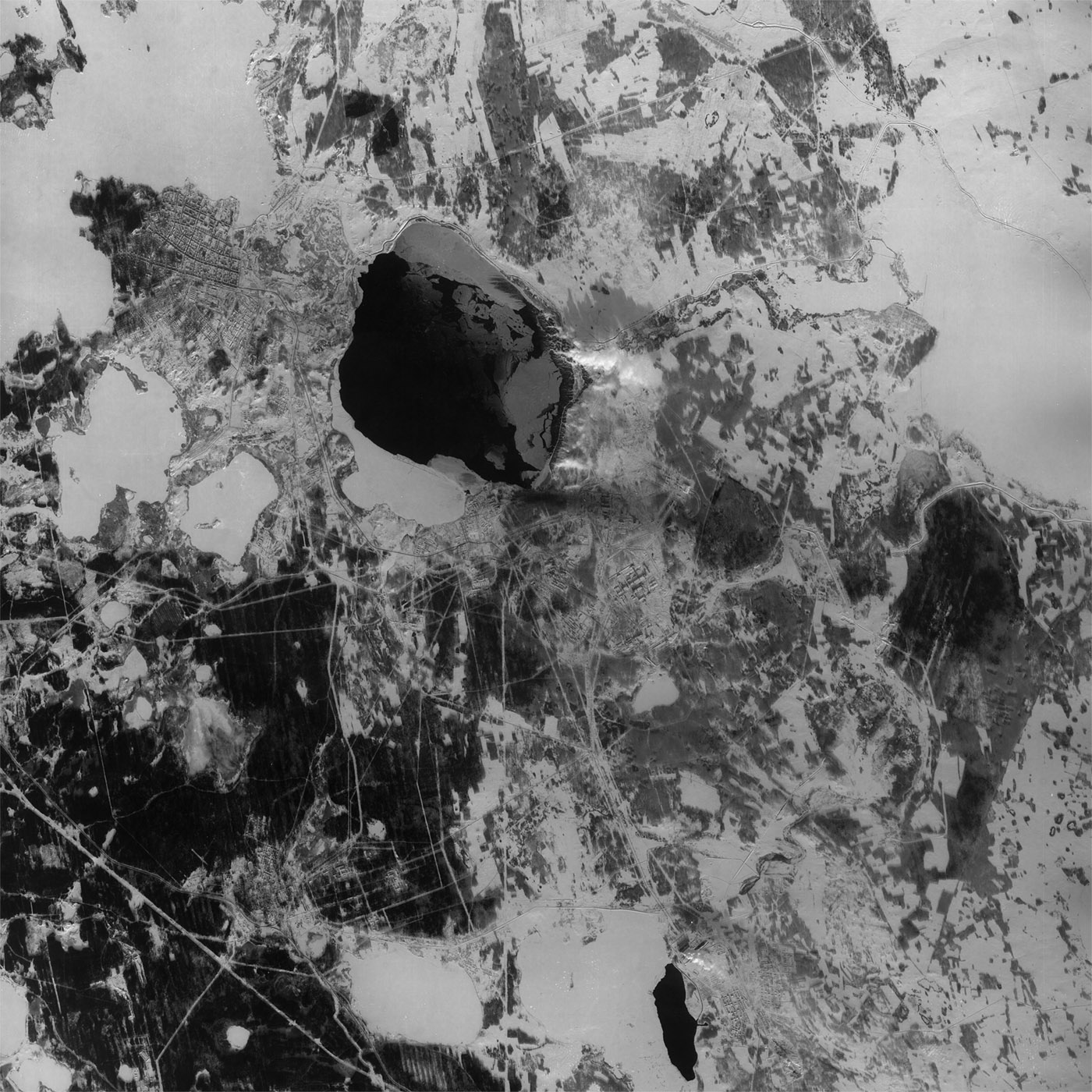 A high resolution declassified KH-7 GAMBIT spy satellite image of Ozersk, Russia from January 26, 1965.