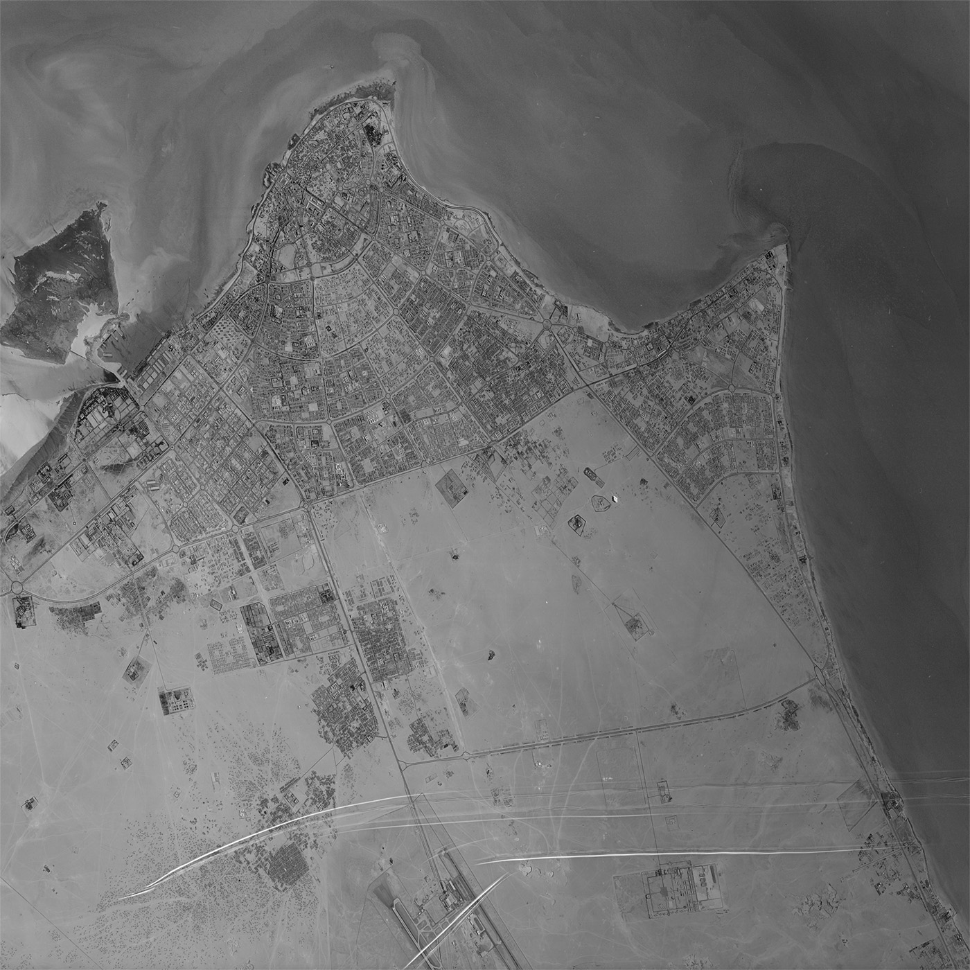 A high resolution declassified KH-9 HEXAGON spy satellite image of Kuwait City, Kuwait from July 31, 1972.