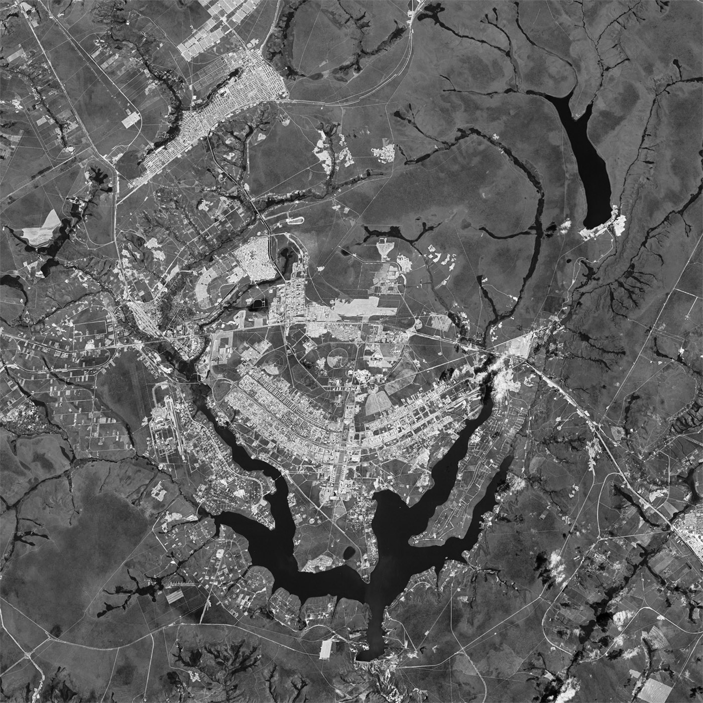 A high resolution declassified KH-4B CORONA spy satellite image of Brasília, Brazil from May 30, 1972.