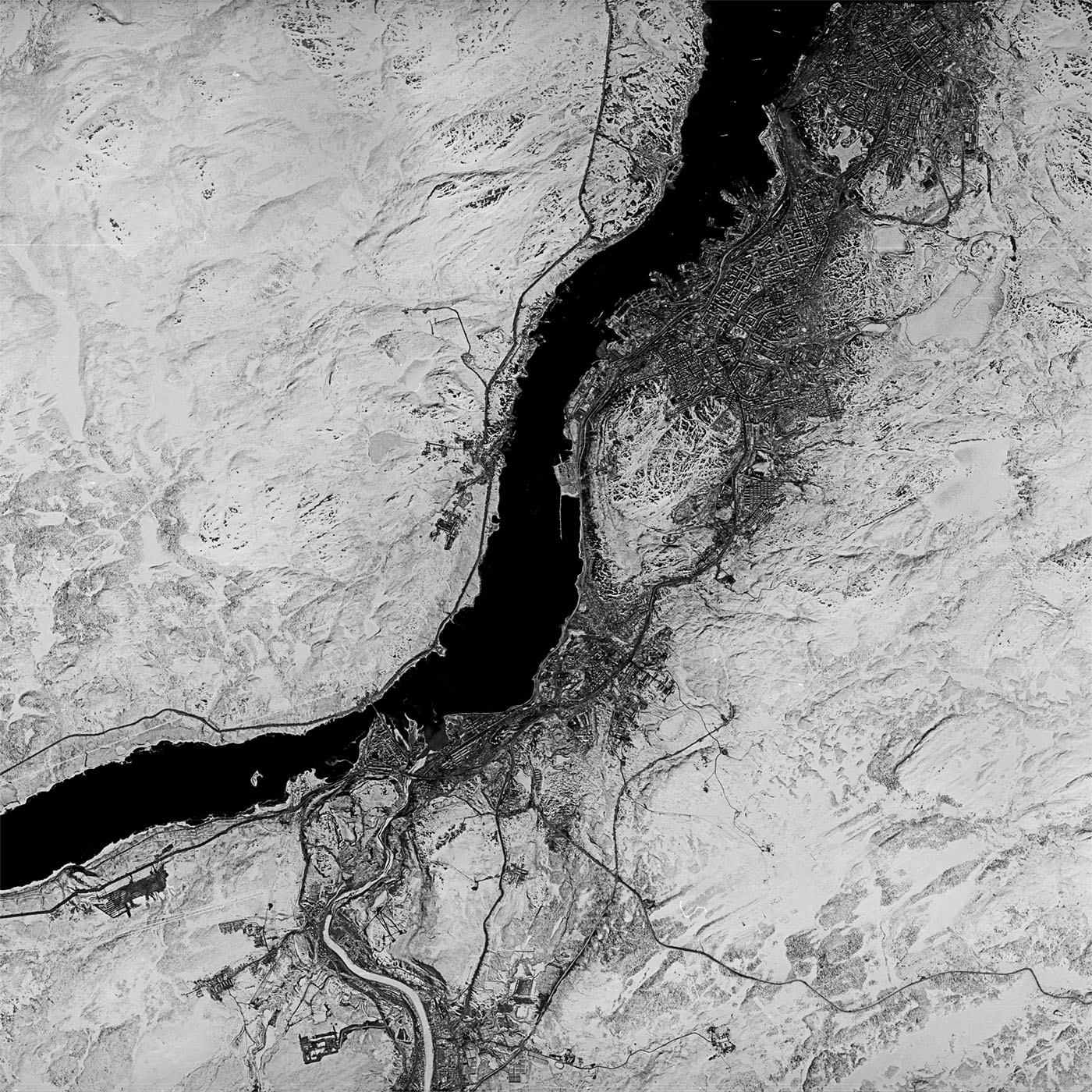 A high resolution declassified KH-4B CORONA spy satellite image of Murmansk, Russia from May 6, 1972.
