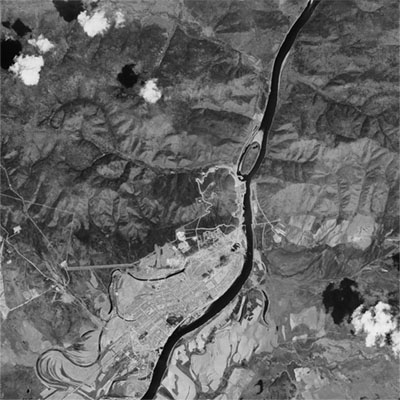 A high resolution declassified KH-4B CORONA spy satellite image of Zeya, Russia from May 31, 1972.