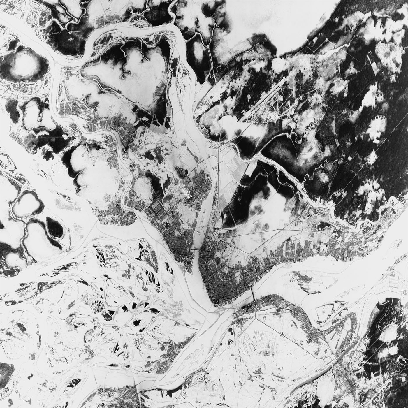 A high resolution declassified KH-7 GAMBIT spy satellite image of Arkhangelsk, Russia from February 03, 1967.