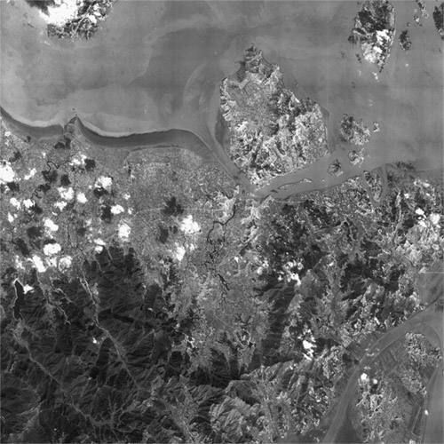 A high resolution declassified KH-7 GAMBIT spy satellite image of Ningbo-Zhoushan, China from January 27, 1965.