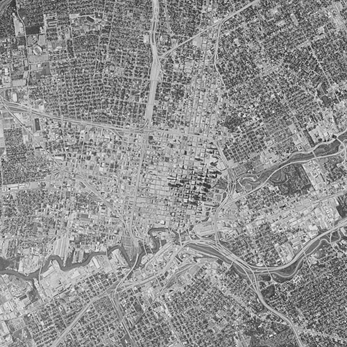 A high resolution declassified KH-9 HEXAGON spy satellite image of Houston, Texas from August 31, 1983.