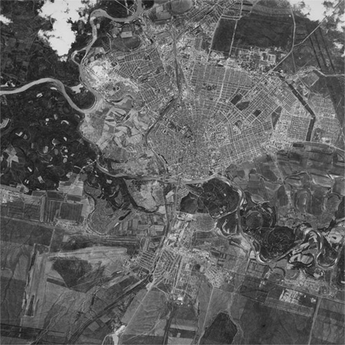 A high resolution declassified KH-4B CORONA spy satellite image of Orenburg, Russia from May 30, 1968.
