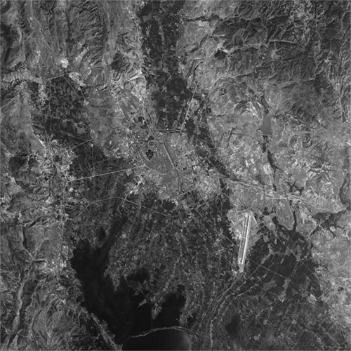 A high resolution declassified KH-7 GAMBIT spy satellite image of Kunming, China from March 13, 1964.