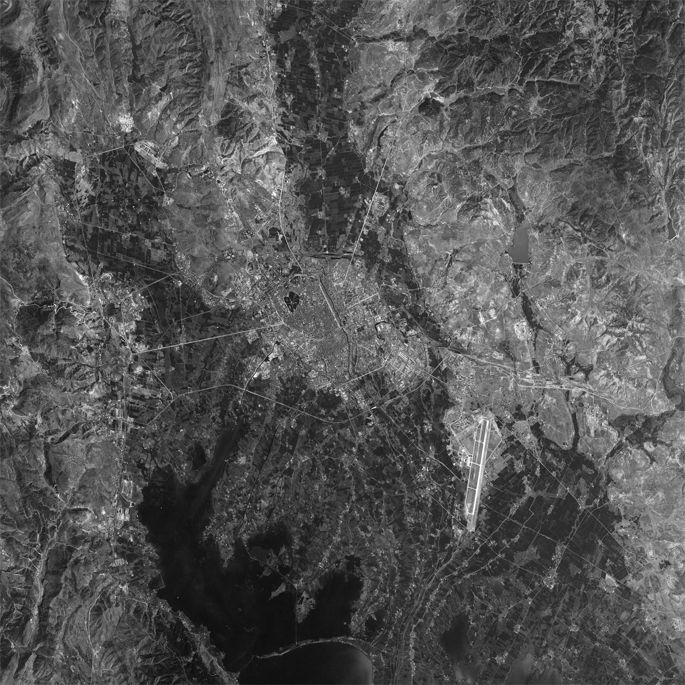 A high resolution declassified KH-7 GAMBIT spy satellite image of Kunming, China from March 13, 1964.